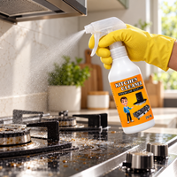 Gloved hand spraying a cool unlit stove with Kitchen Cleaner