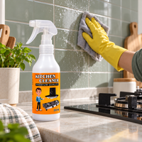 Wiping kitchen tiles with the cleaner bottle on the counter